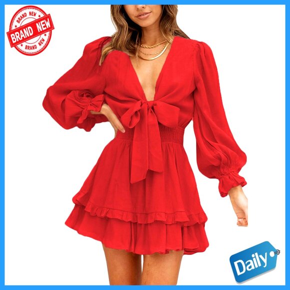 Deep V Neck Knotted Tiered Chiffon Mini Swing Skater Dress